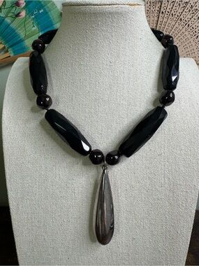 Black Onyx Heavy Beaded Necklace with Silver Teardrop Pendant and 925 Clasp